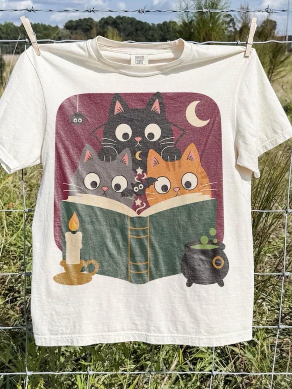 Cream Cat Storybook comfort color Graphic Tee - Cute Witchy Cats